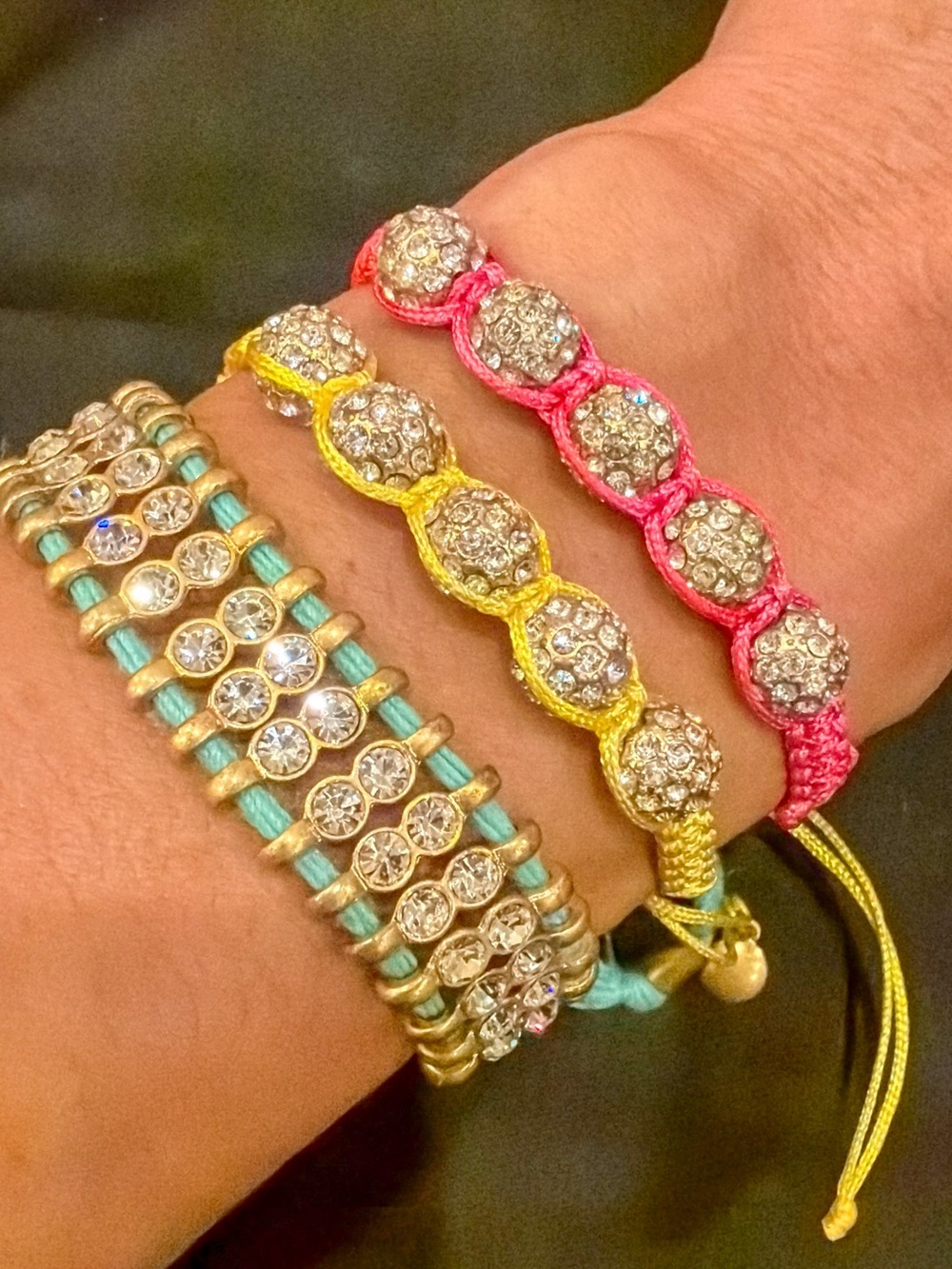 J.Crew Adjustable Pull Tie Bracelets Set of 3 Crystal Beaded Pink Yellow Blue